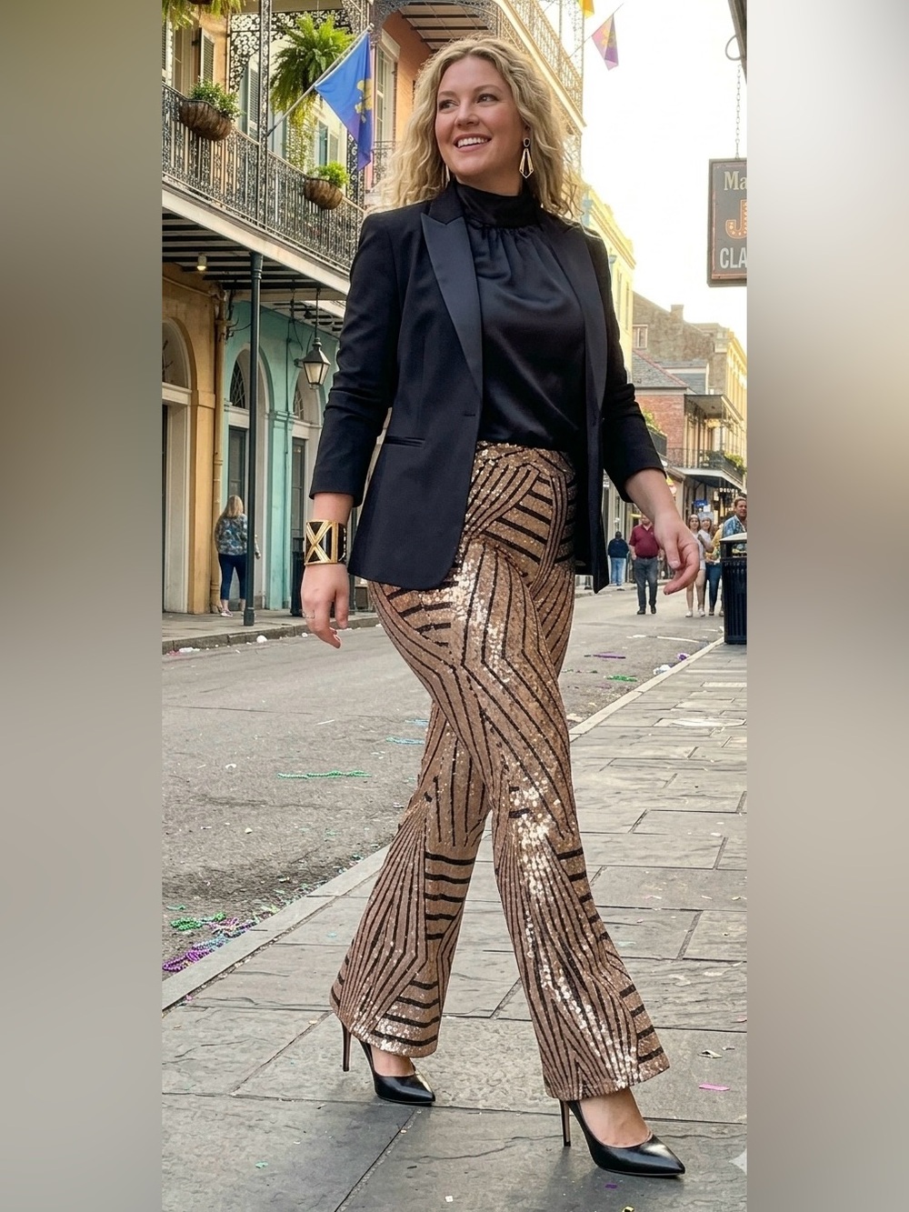 Gold Sequin Flare Pants High Waist Geometric Bell Bottoms 2XL Glam